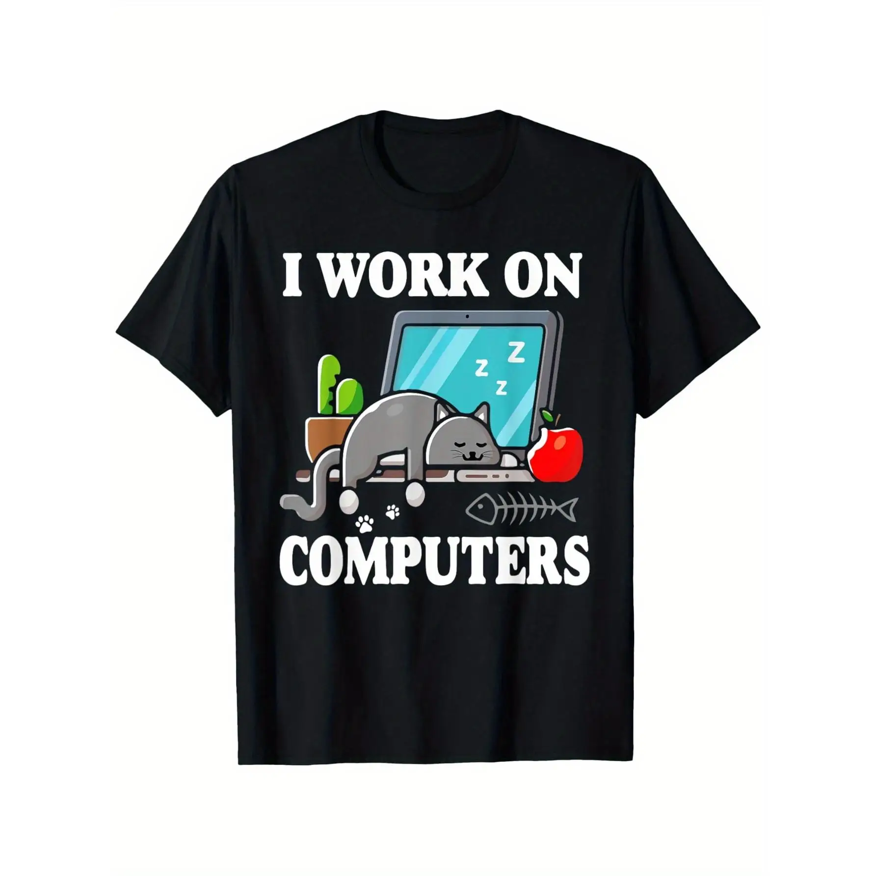 

Funny Programmer T-shirt I Work On Computers Sleeping Cat Print Humor Graphic Tee IT Nerd Geek Pet Lover Gift