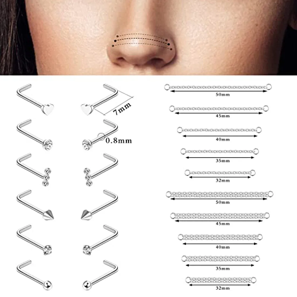 Nose Rings Chain Piercing Across Double with Chain Studs with Chain 20G Piercing Stud Nostril Jewelry for Women Men