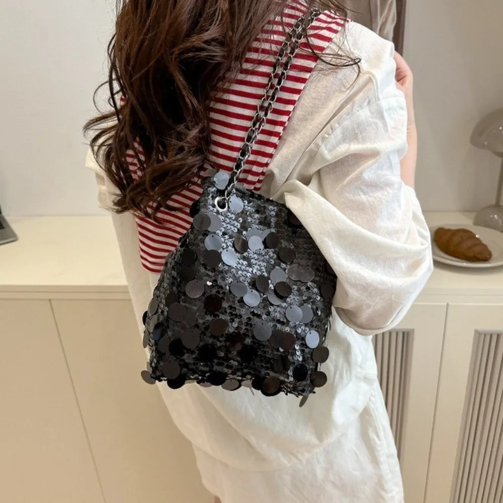 

Повседневная блестящая вечерняя банкетная сумка с цепочкой, сумка через плечо в корейском стиле, ручная женская сумка-ведро большой вместительности