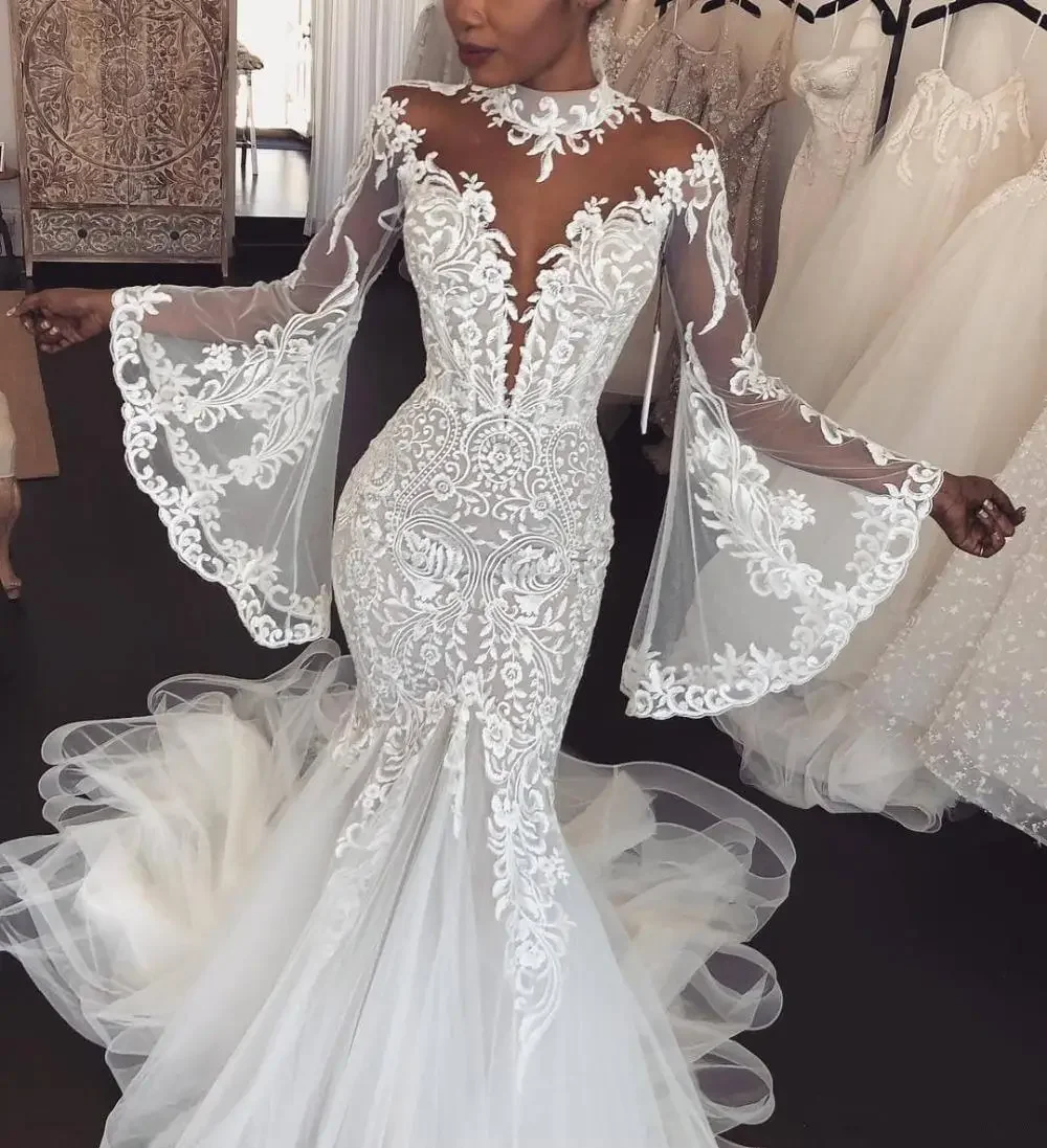 Robe de mariée sirène africaine en dentelle, manches longues, transparente, sur mesure, col haut, pour les patients, 2023