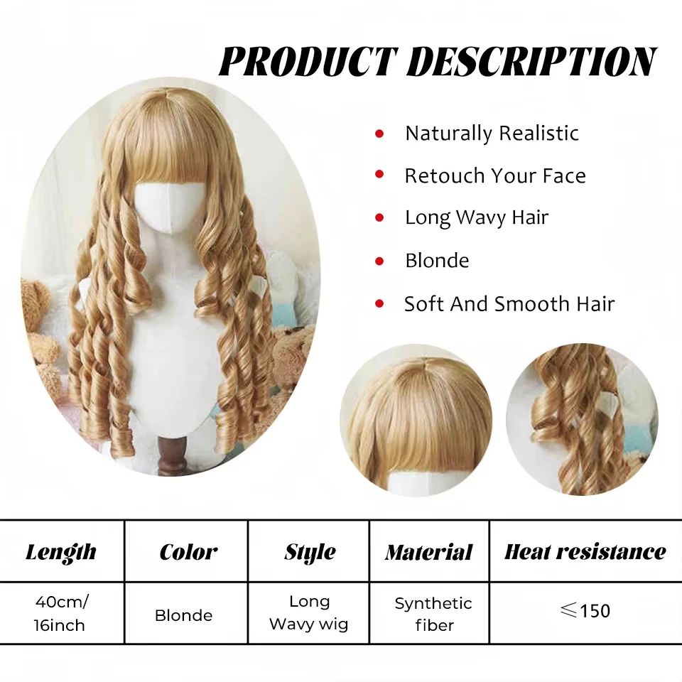 Synthetic Long Roman Curly Wavy Lolita Wig with Bangs Wig Girl Cute Ombre Pink Blonde Black Cosplay Party Halloween Harajuku Wig