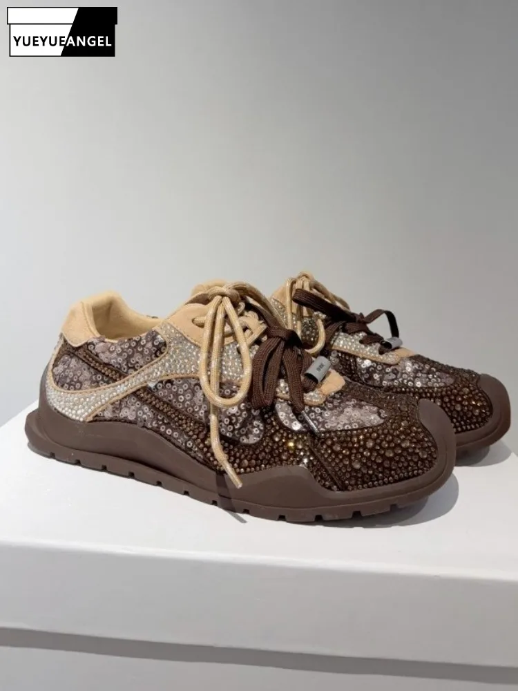 

Women Spring Lace-Up Cow Suede Footwear Pumps College Style Diamond Sequin Real Leather Heels Shoes Casual Shoes High Quality