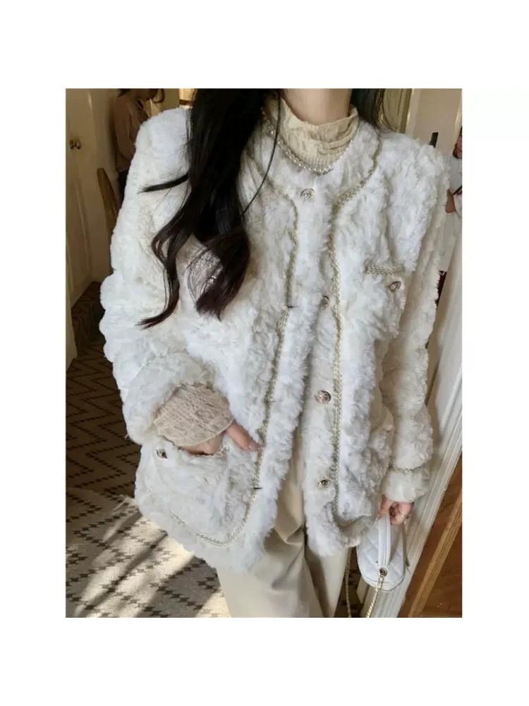 French White Elegant Faux Fur Coat Socialite Exquisite Noble Loose Fashion Winter Warm Gorgeous Sweet Dating Commuting Outerwear