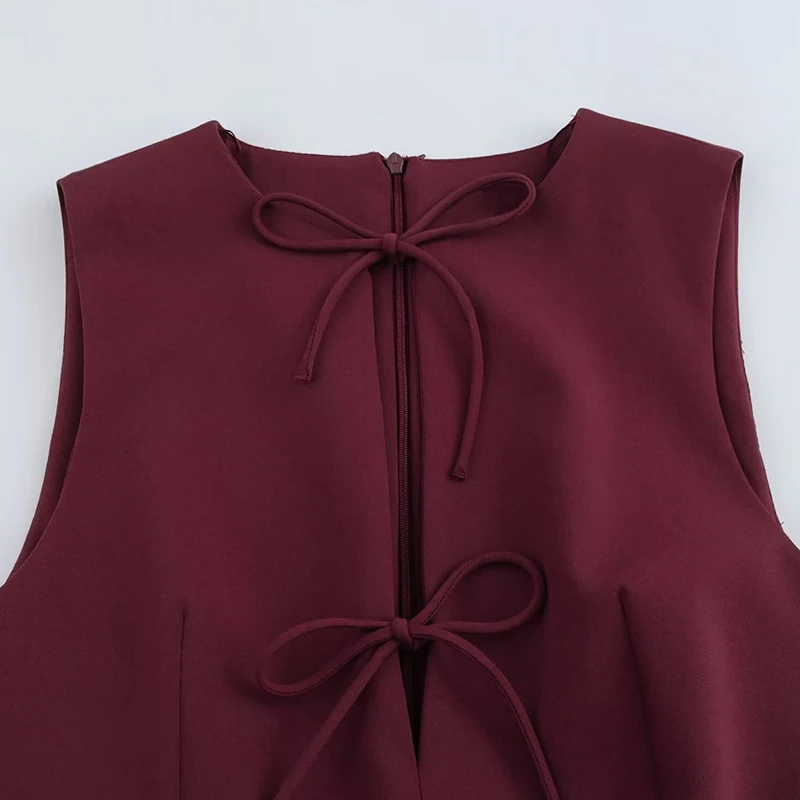 فستان سترة أنيق بدون أكمام للنساء بخصر نحيف فساتين عصرية فستان قصير بسيط غير رسمي بفيونكة قماش نسائي