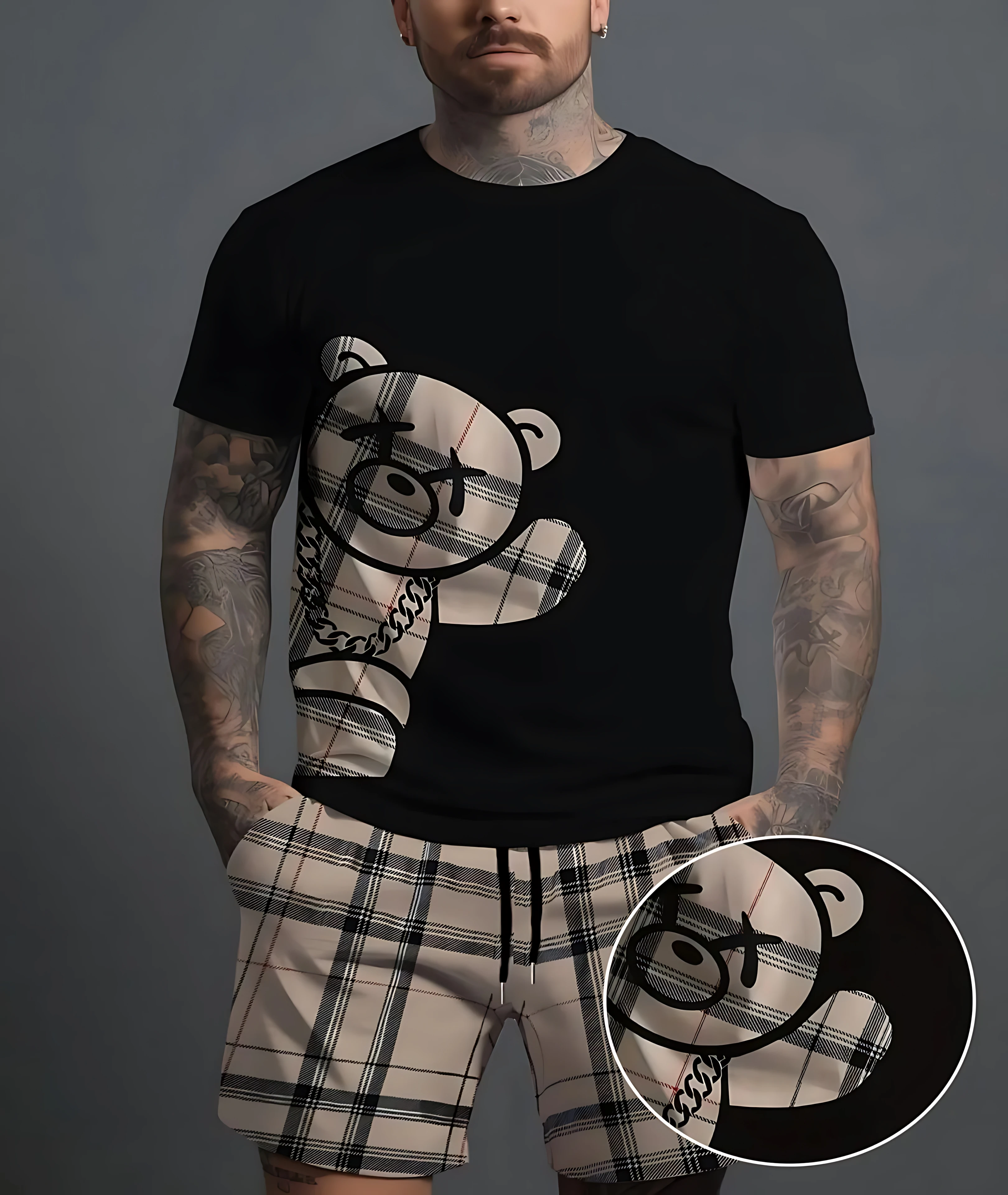 

Summer 2025 Bestseller Men's Set Bear print casual fashionable breathable and lightweight outdoor men's wear