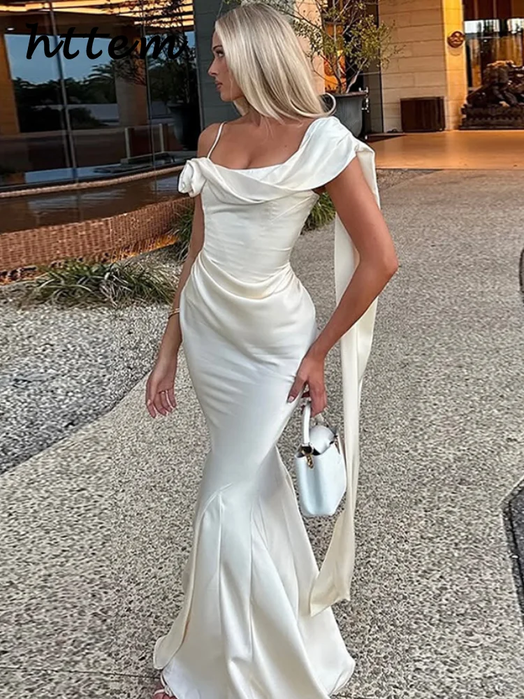 우아한 새틴 3D 꽃 리본 롱 드레스 여성 민소매 Backless Pleated 인어 파티 드레스 2025 여름 레이디 이브닝 가운