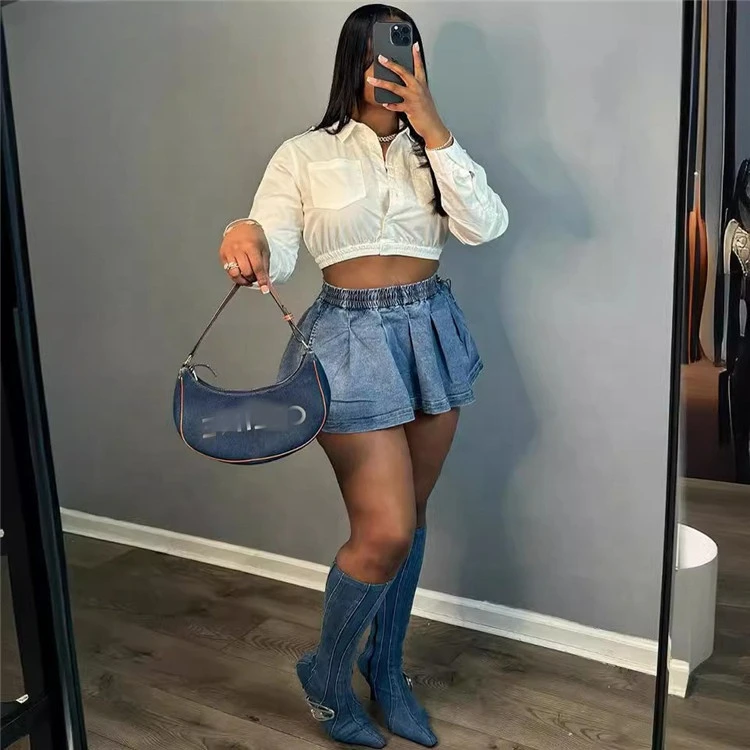 Fashion Hot Women Elastic High Waisted Denim Pleated Mini Skirts Summer New Cowboy Bottoms 2024