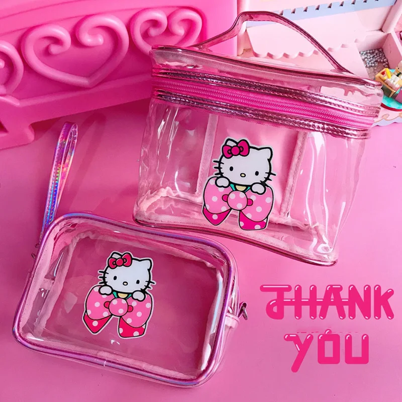 Kawaii Sanrio Hello Kitty borsa per il trucco PVC trasparente Cute Strawberry Bow Cartoon Print Portable Large Capacity Washbag Girl Gift