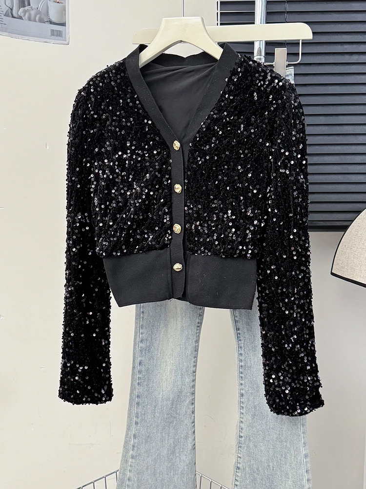 Gaganight Women French Style V Neck Sparkling Sequin Splicing Single Breasted Top 2024 Autumn Loose Long Sleeve Versatile Coat