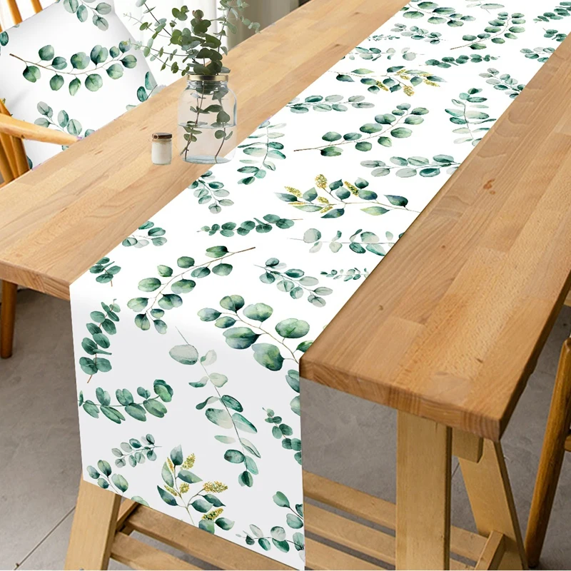Salbeigrüner Tischläufer mit Eukalyptusblättern aus Polyester, Esstisch-Dekoration für Zuhause, Dschungel-Geburtstagsparty, Hochzeitsdekoration