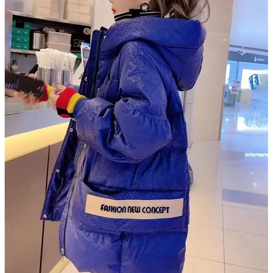 

Женская утепленная зимняя куртка средней длины из хлопка с капюшоном на молнии, в корейском стиле, свободного кроя, однотонная