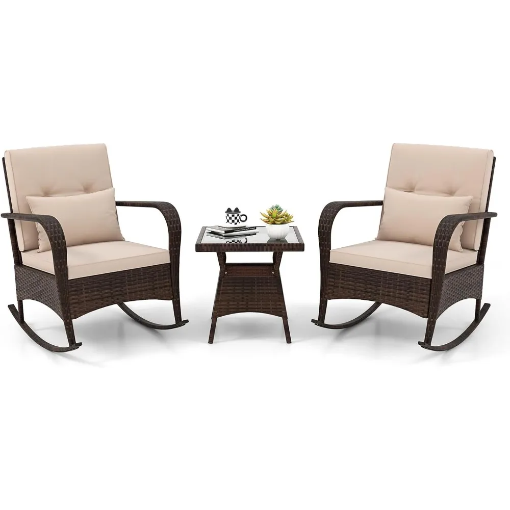

3 Pieces Patio Furniture Set, Outdoor Wicker Rocking Chairs with Cushions, Pillows, Glass Coffee Table, Rattan Bistro Rocker Se