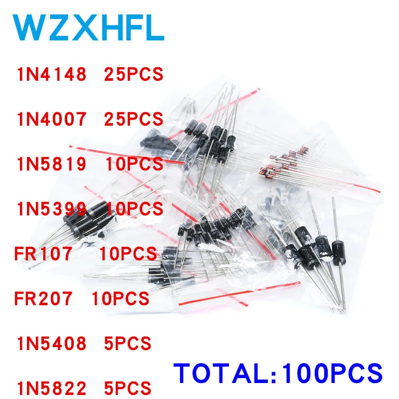 100PCS/LOTE Fast Switching Schottky Diode Kit Set 8values=100PCS 1N4148 1N4007 1N5819 1N5399 FR107 FR207 1N5408 1N5822