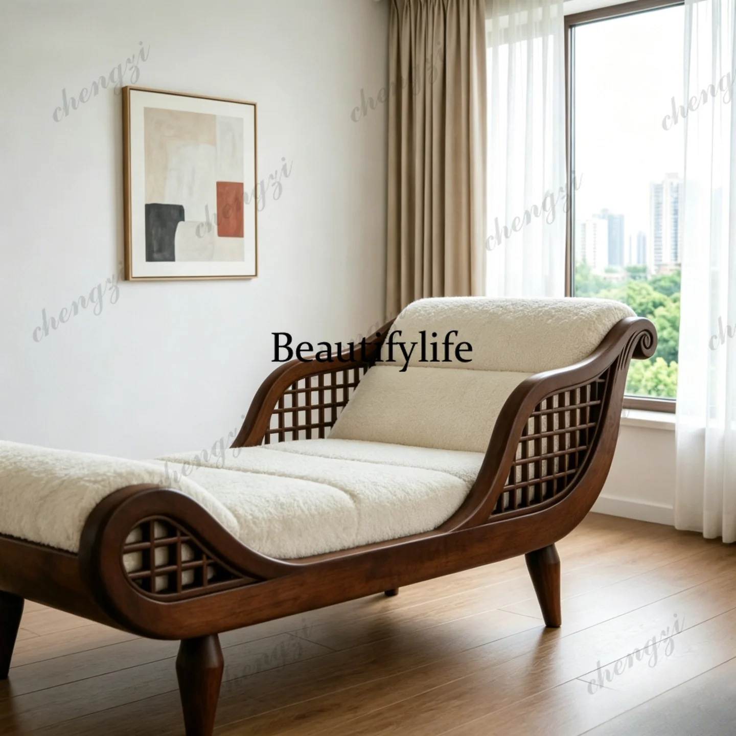 New Chinese ash wood chaise longue French recliner mortise and tenon engraving multi-functional storage solid wood