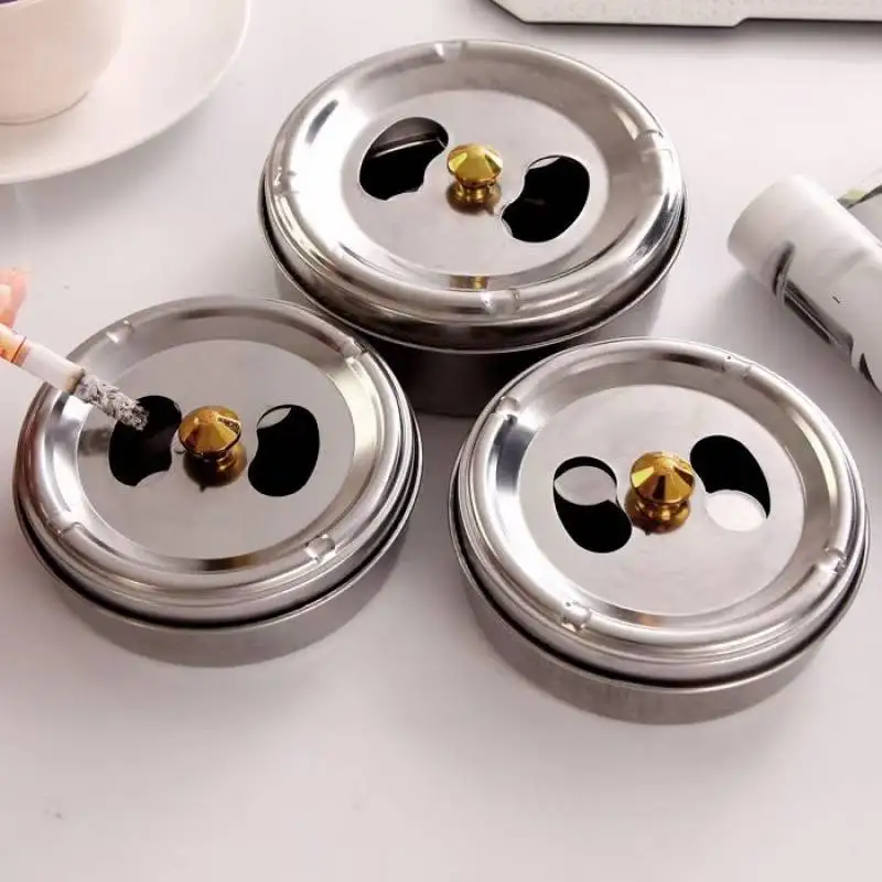 Round Spinning Ashtray with Cover Smoking Accessories Portable Stainless Steel Ashtray Lid Rotation Fully Enclosed Home Gadgets