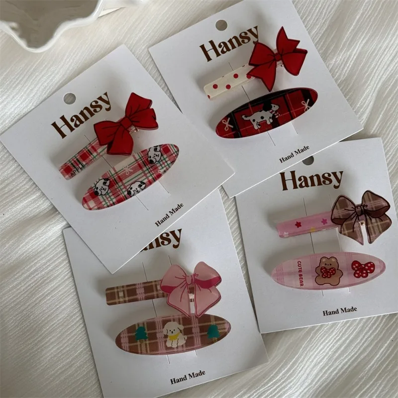 Plaid Bow Oval Animal Barrettes Sweet Bang Clip Forehead Hair Clip for Broken Hair Barrettes Headdress Hair Accessories