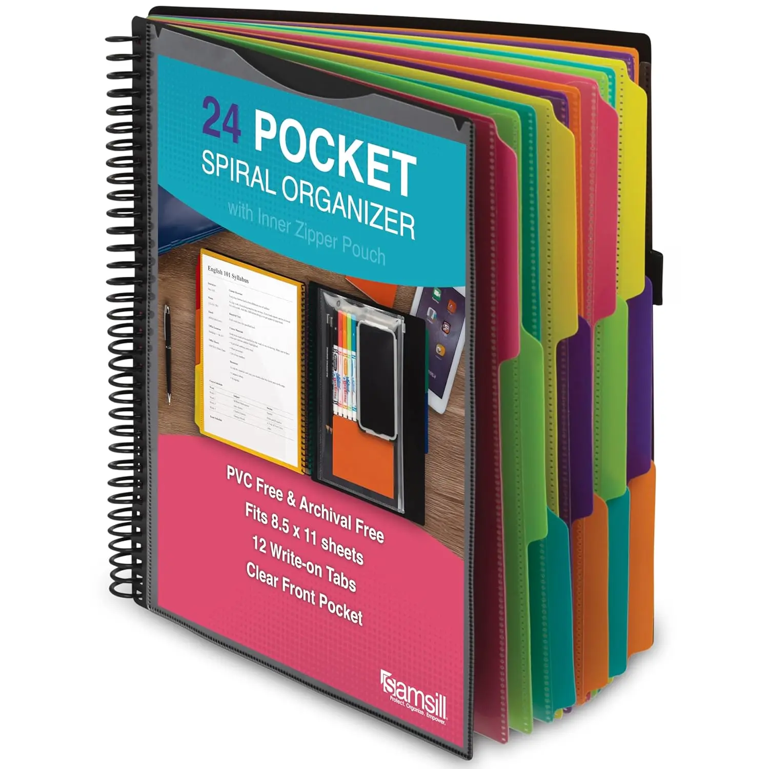 

Multi-Pocket Spiral Folder with 12 Dividers & 24 Pockets, Zipper Pouch, Customizable Tabs, Document Organizer