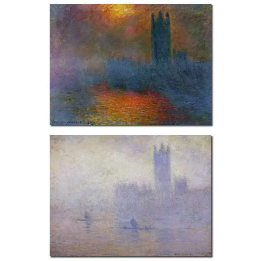 

Hand Painted Claude Monet Seascape Houses Parliament Stormy Sky Classical Oil Painting Canvas Art for Restaurant Decor