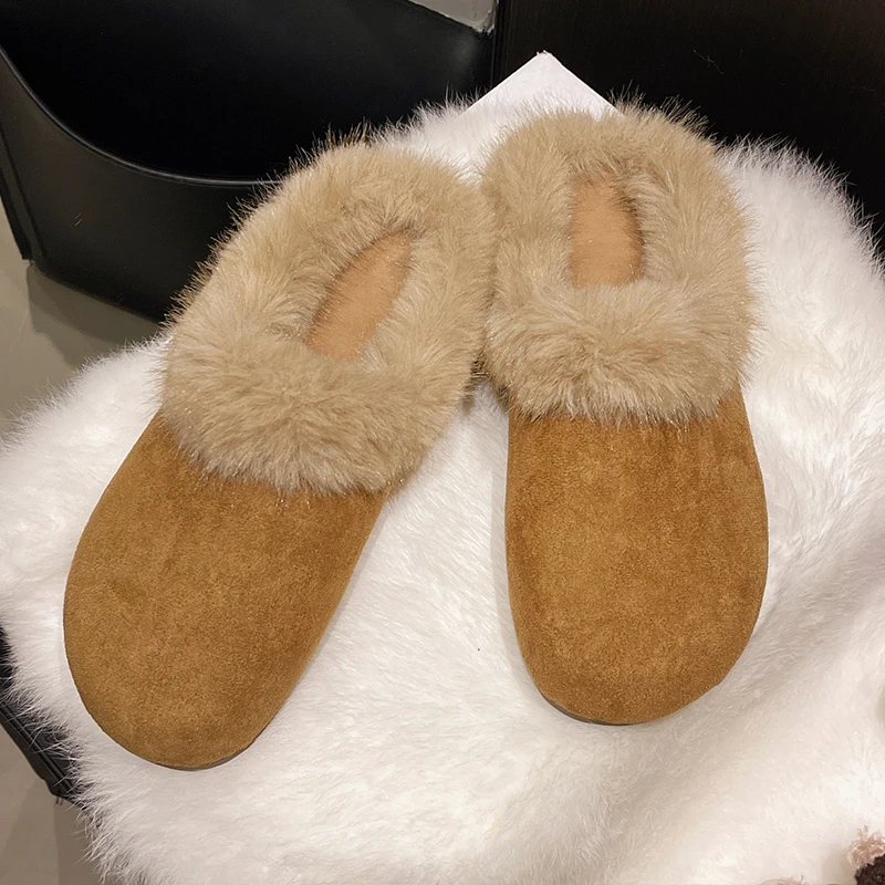 Женские хлопковые тапочки на плоской подошве с леопардовым мехом, замшевые модные туфли-лодочки с открытой пяткой, повседневная женская обувь, 2024, брендовые зимние сапоги, Mujer Shoes