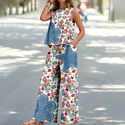 Women's Summer Round Neck Tank Top Patchwork Flower Print Sleeveless Tee Wide Leg Pants Set Vacation Loose Casual Women's Suit