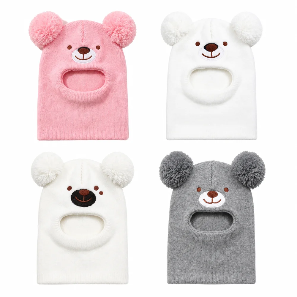 Cartoon Bear Kids One-Piece Knitted Hats Face Opening Windproof Bear Headscarves Double Pom Poms Full Coverage Kids Winter Hat