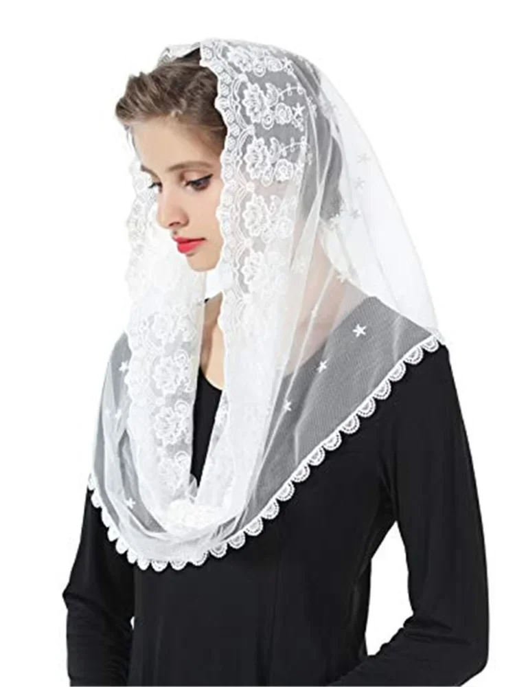 Muslim Catholic lady Lace Shawl sub head scarf BEIGE BLACK  Hijab Head wrap for women