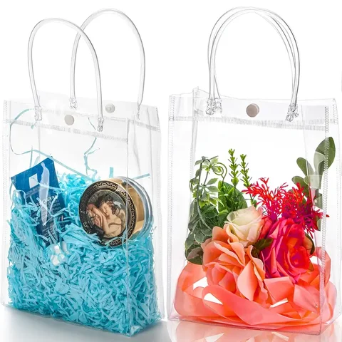 100 Clear Gift Bags, Large Capacity Reusable Small Plastic Bags,Gift Wrap Tote Bags with Handles, Wedding,Favor Bags