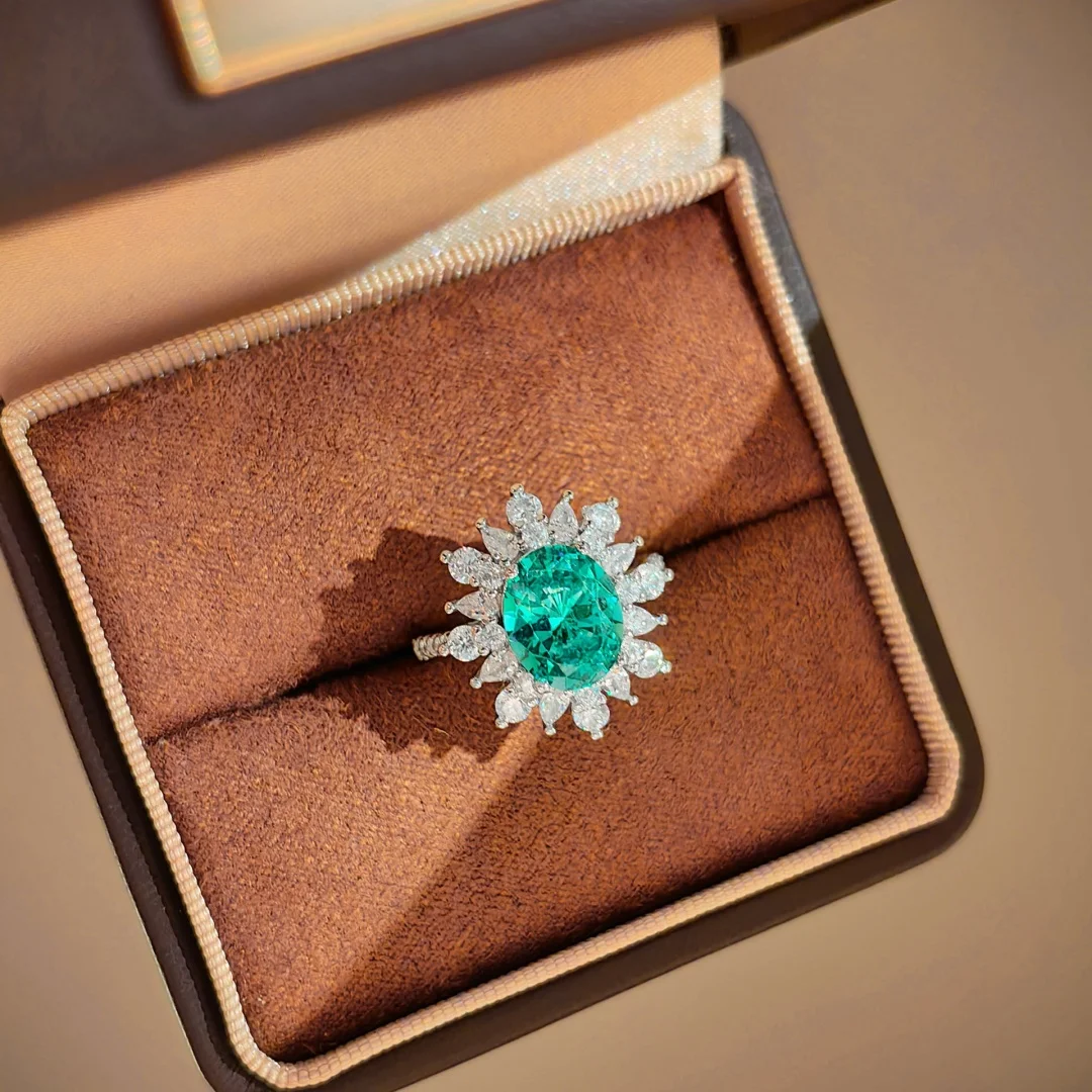 925 Sterling Silber Luxuriöser Modischer Ring mit ovalem Paraiba-Stein, Retro Premium Taubenei Kubikzirkonia Damenring – Detail 3