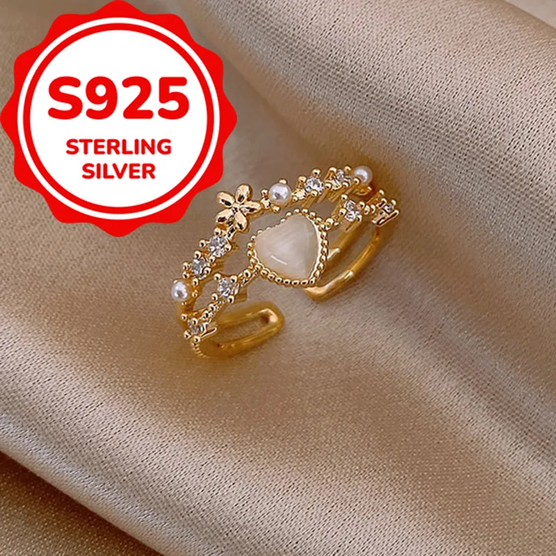 925 sterling silver elegant and luxurious cat eye stone petal opening adjustable ring, versatile and simple ring for daily use