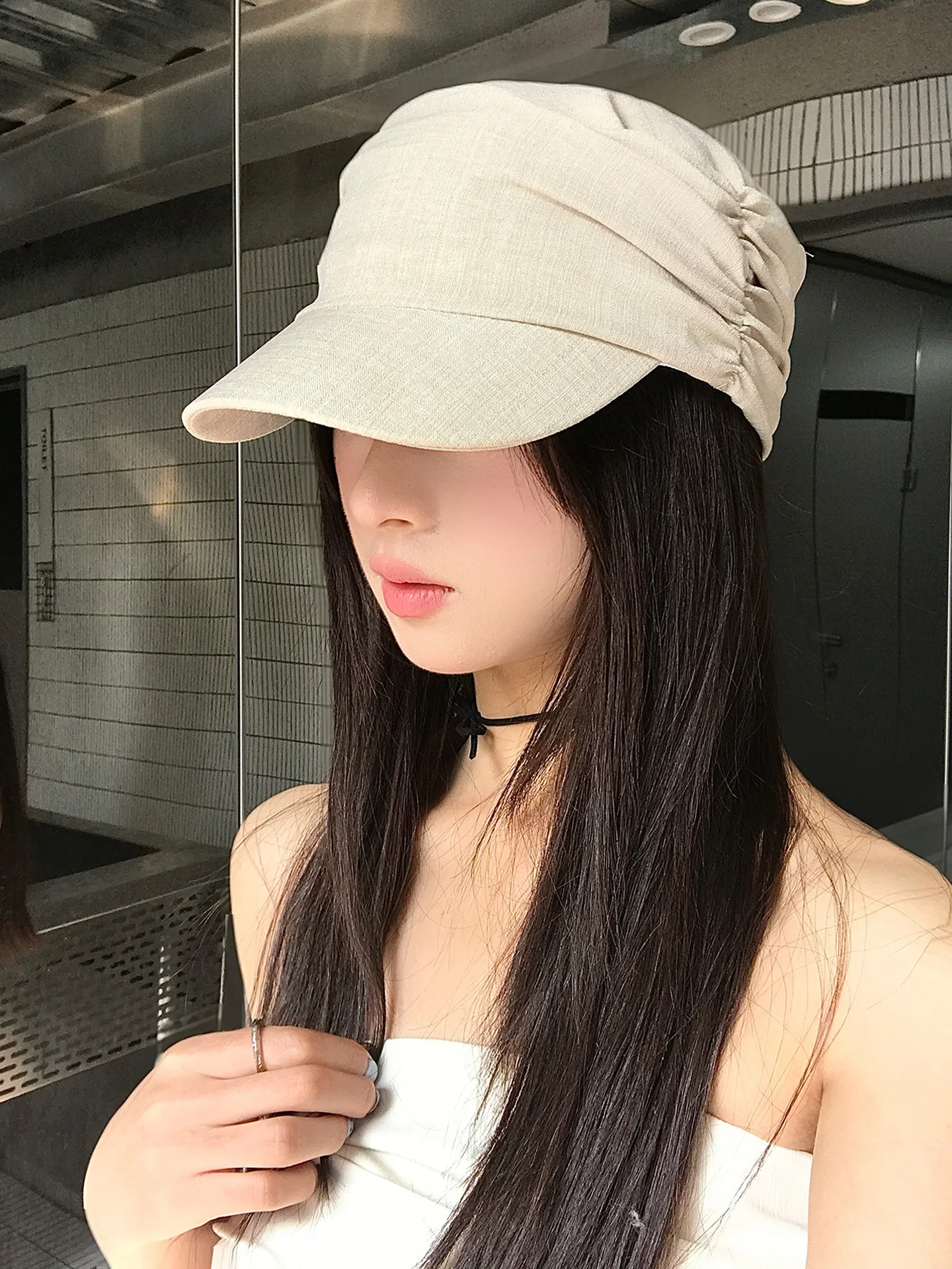 Retro Japanese Style Pleated Lin Flat Top Beret Hat Equestrian Cap Women Spring Summer Thin High-End Feeling Duckbill Hat