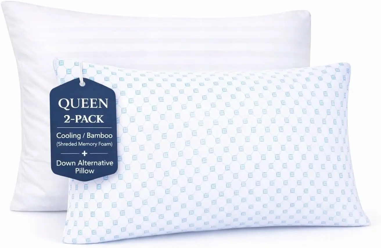 

Cooling Memory Foam Pillow Set of 2 with Down Alternative, Queen Size 20x30, Adjustable for Side Back Stomach Sleepers
