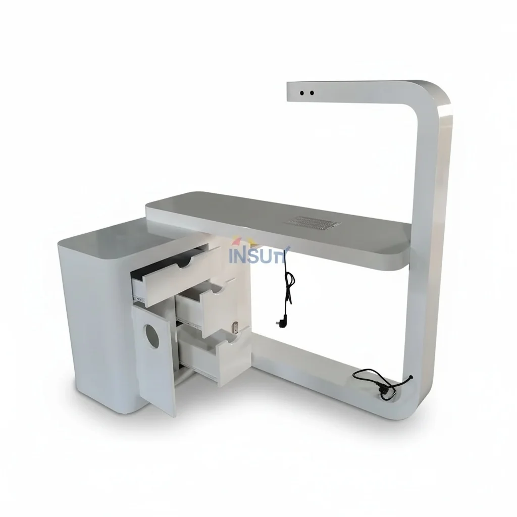 Modern Nail Table, White MDF Manicure Desk, Manicure Table with Light and Dust Collector, MDF Nail Station for Beauty Salon