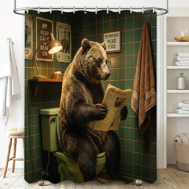 Funny Bear Taking Bath Shower Curtain Rustic Wood Grain Fabric Bathroom Decor with Hooks Cute Animal Art Bath Curtain Decor
