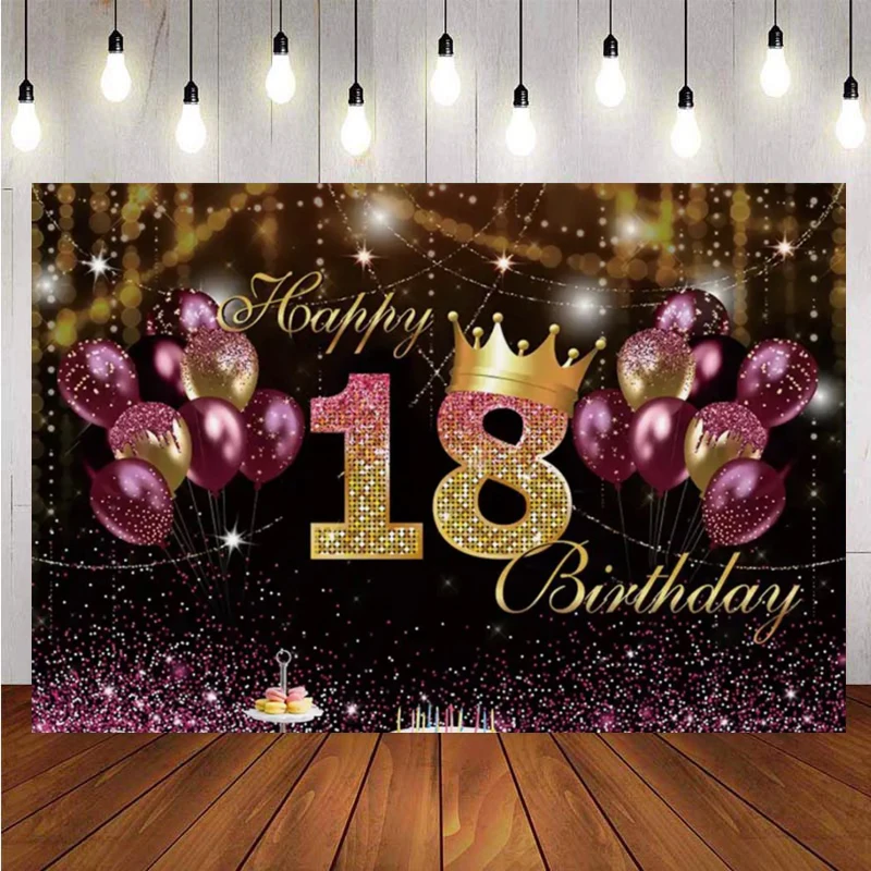 

Happy 18th Birthday Backdrop Pink Gold Glitters Balloon Girls Birthday Party Custom Photography Background Photo Studio Props