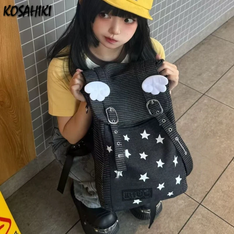 

Women Vintage Wings Striped Star Print Backpack Casual Y2k Aesthetic Students Schoolbags All Match Trendy Backpacks Streetwear