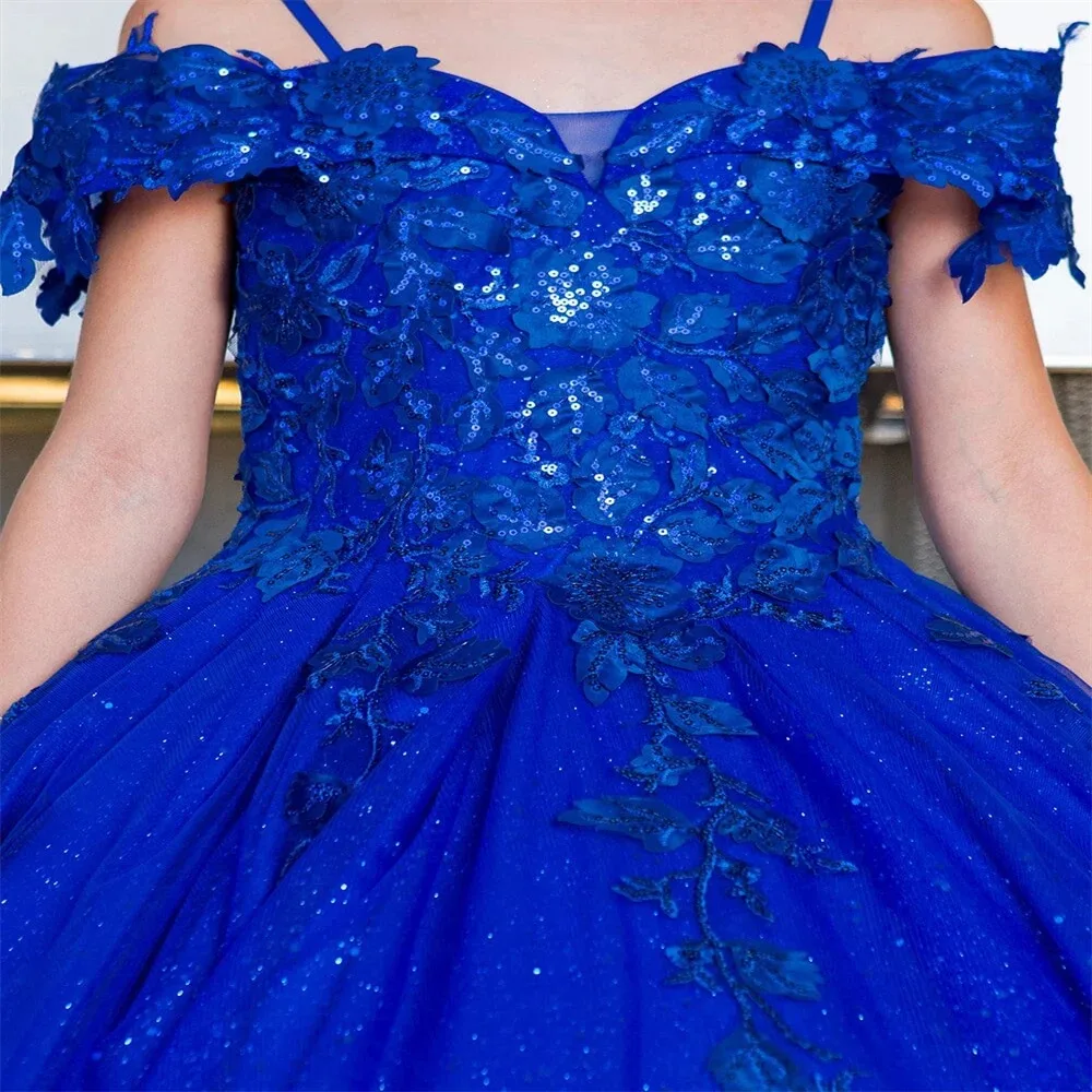 Royal Blue Flower Girl Dresses for Wedding Lace Appliques Sequins Girl Kids Birthday Party First Communion Gown Customized