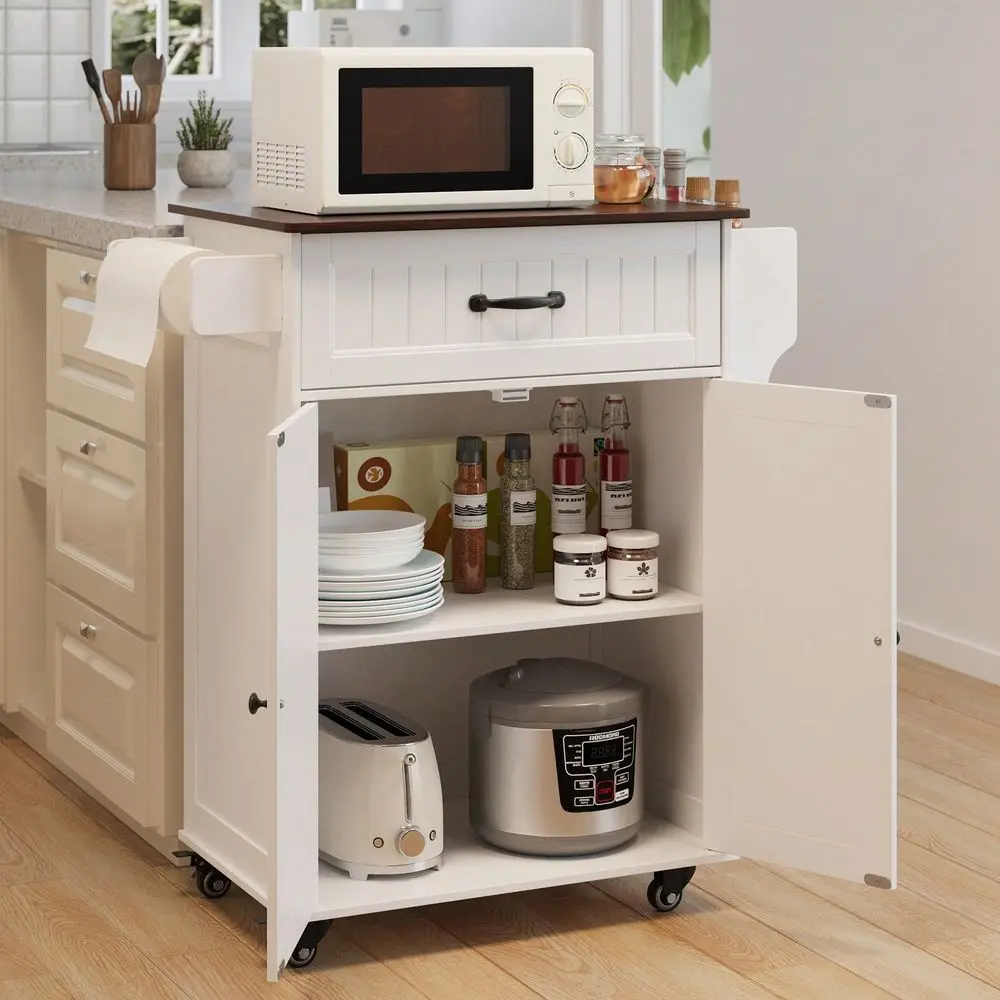 

W Kitchen Island Cart With Adjustable Shelf, Wooden Countertop, Mobile Trolley Cart On Metal Wheels With Drawer Storage Cabinet