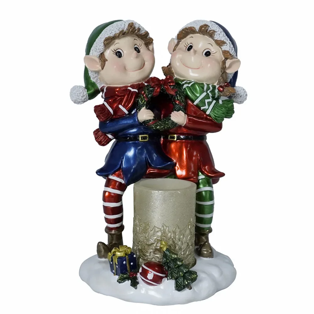 Christmas Ornaments Standing Elves with LED Candle Lights Resin Crafts Ornament
