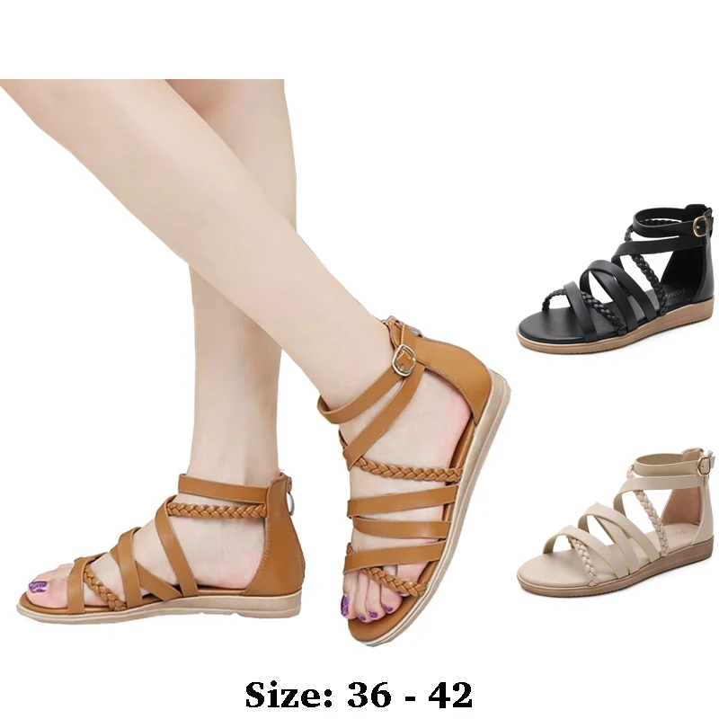 

High quality leather flat sandals for women new summer 2025 36 42 open toe casual beach shoe black beige brown
