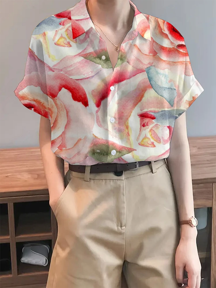 Summer Ladies Street Photography Short-Sleeved Shirt Ladies Casual Single-Breasted Loose Blouse Fashionable And Elegant Floral