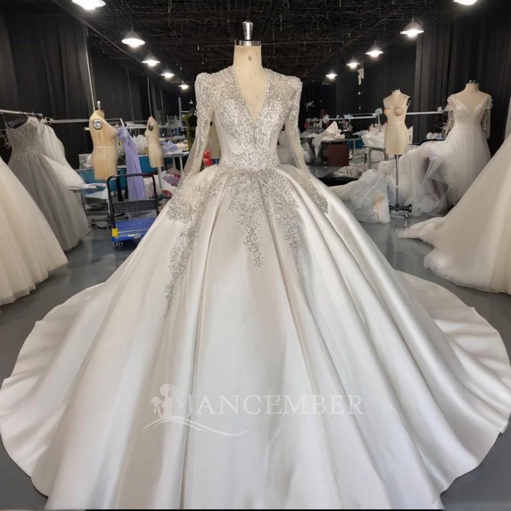

Custom Made Elegant Shiny Beading Lace Ball Gown Wedding Dresses With Long Sleeves V-neck Bridal Gowns платье свадеб