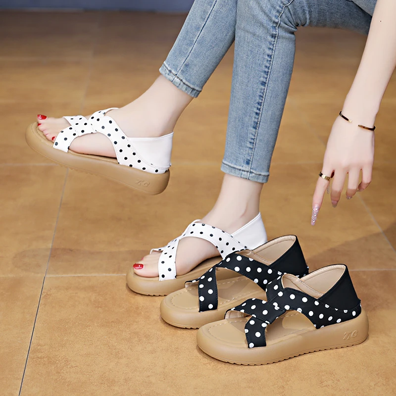 Ladies Black Polka Dot Open Toe Sandals 4CM Elevator Platform Crisscross Ankle Strap Slip on Summer Daily Casual Slides