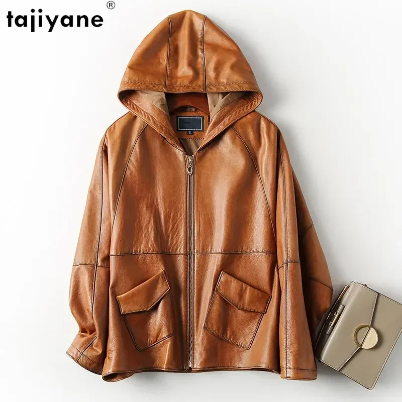 Tajiyane Casual Genuine Sheepskin Jacket Women New Loose Leather Jackets Sheepskin Coat Hooded Leather Womens Coats Chaqueta SGG