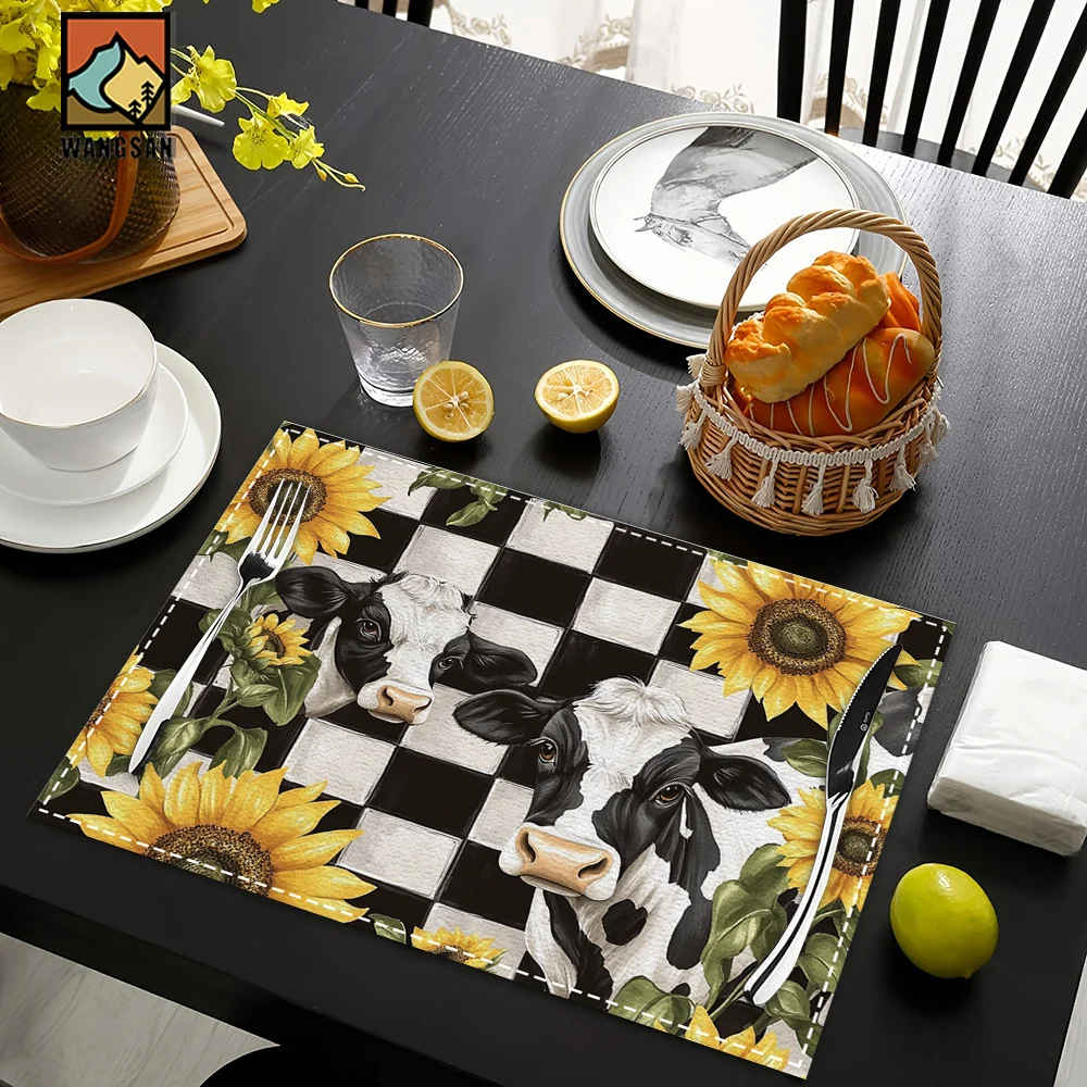 1 unidad/4 unidades/6 unidades de manteles individuales a cuadros en blanco y negro con diseño de vaca y girasol - Protectores de mesa de poliéster lavables a máquina, decoración rústica para cocina y comedor estilo granja para restaurantes, fiestas, uso diario, vajilla de restaurante, manteles individuales decorativos, vajilla de fácil cuidado