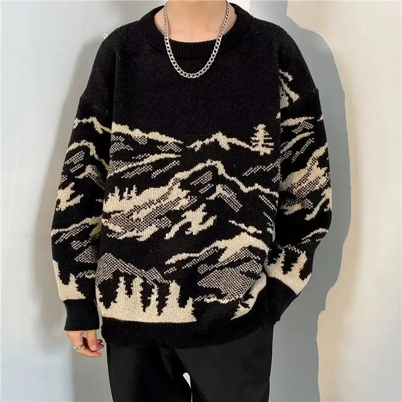 Vintage Jacquard Weave Sweaters Men's Clothing Chic Round Neck Spliced Autumn Winter Loose Korean Long Sleeve Knitted Pullovers