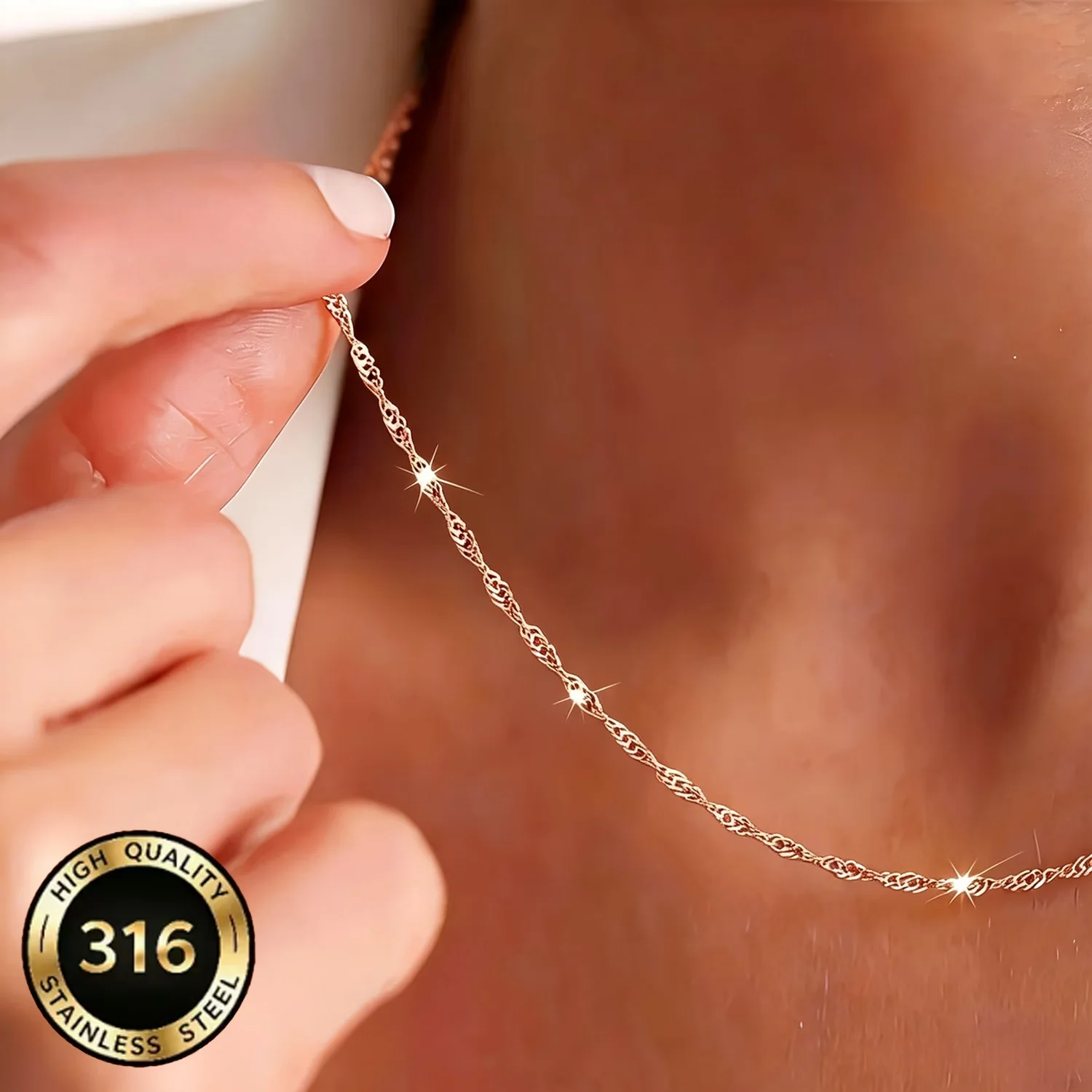 316L Stainless Steel Necklace Plated with 18K Rose Gold, Twisted Shiny Chain, Waterproof, Delicate Minimalist Layering Jewelry