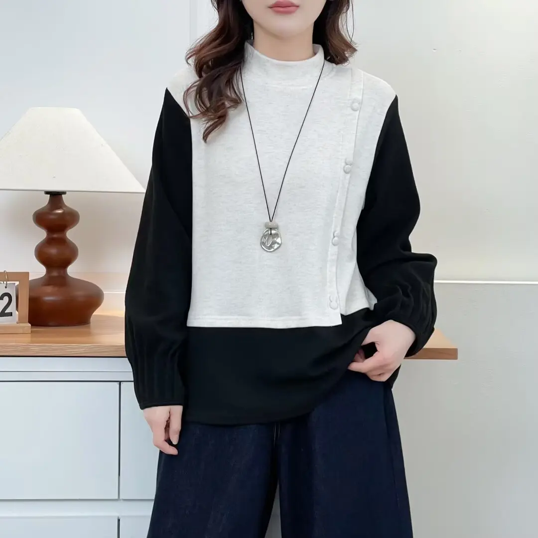 

XXXXL модная женская одежда больших размеров, футболка, зимняя новая утолщенная футболка с начесом и цветными блоками, искусственный топ из двух предметов на пуговицах, базовый топ 8652