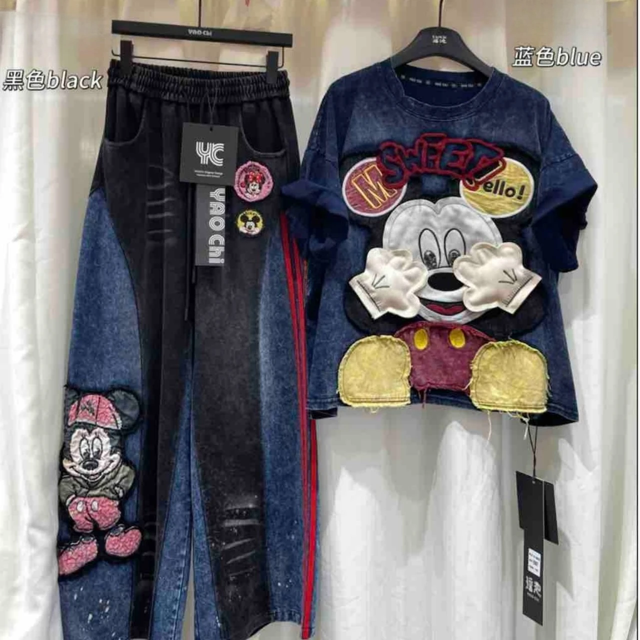 

American Street Vintage Denim Trousers Colorblock Elastic High Waist Loose Straight Pants Spring Autumn Embroidery Mickey Jeans