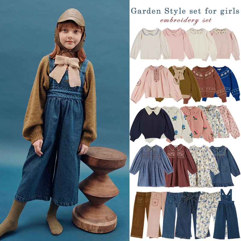 Children's Sweater 2025 Autumn EM Series Girls' Country Style Embroidered Flower Shirtlong Pants Overalls Girls' Set