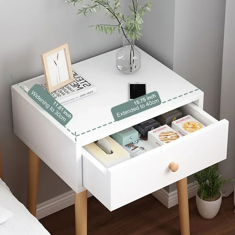 Modern Nightstand with Drawer, Bedside Table with Solid Wood Legs, Adorable Practical End Side Table with Open Storage Shelf